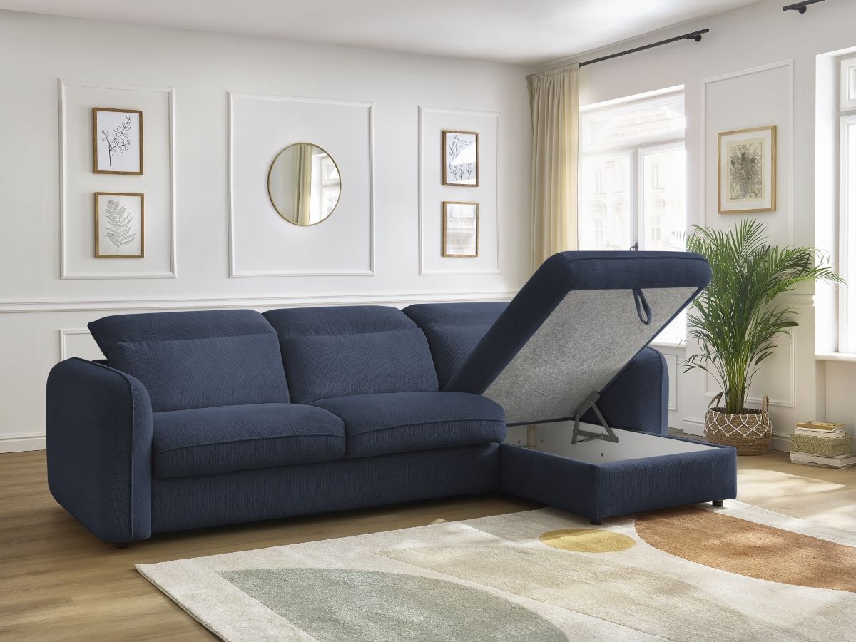 Bobochic Achille Ecksofa mit Schlaffunktion und Bettkasten Melange-Stoff Dunkelblau, Liegefläche 160 × 200 cm