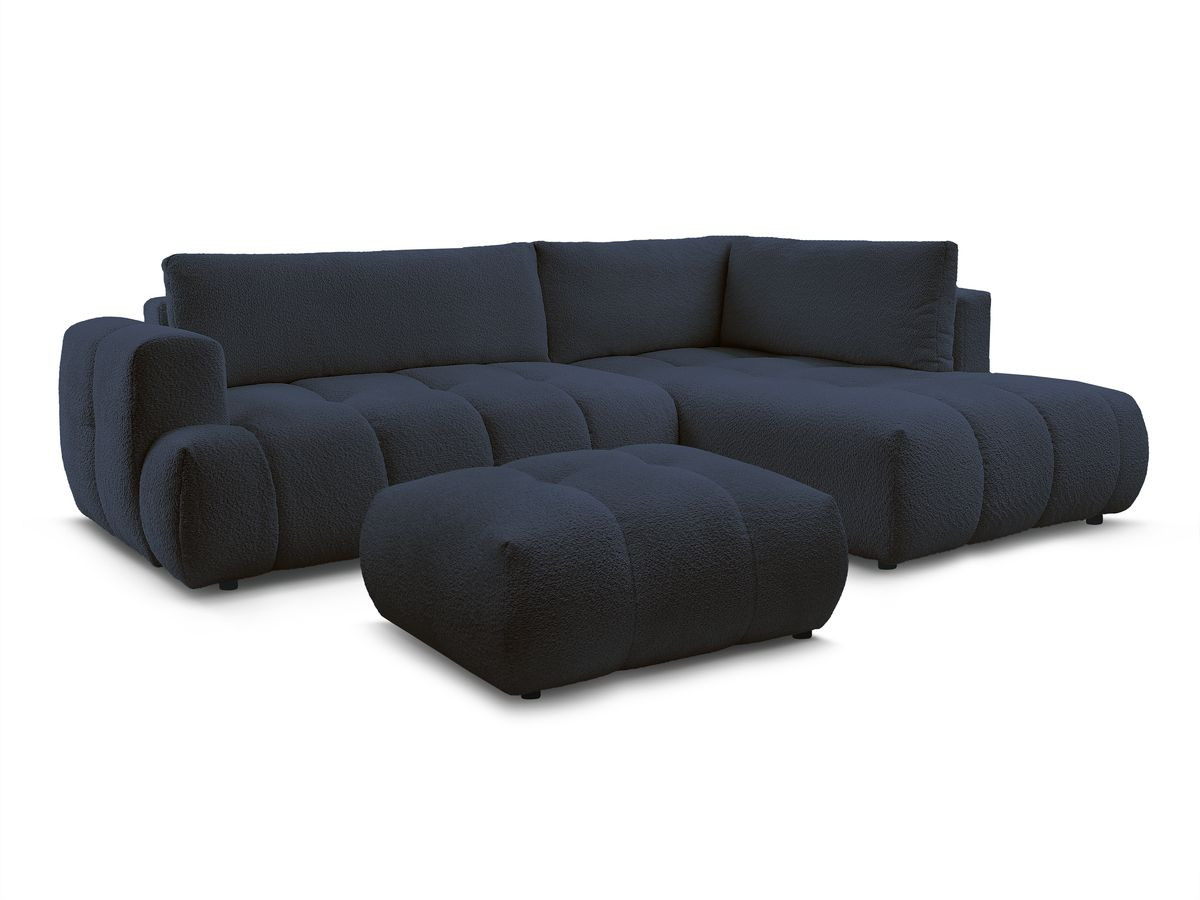Bobochic Fuji Ecksofa mit Schlaffunktion und Bettkasten und Pouf 282 × 204 cm Bouclé-Stoff Dunkelblau Ecke rechts