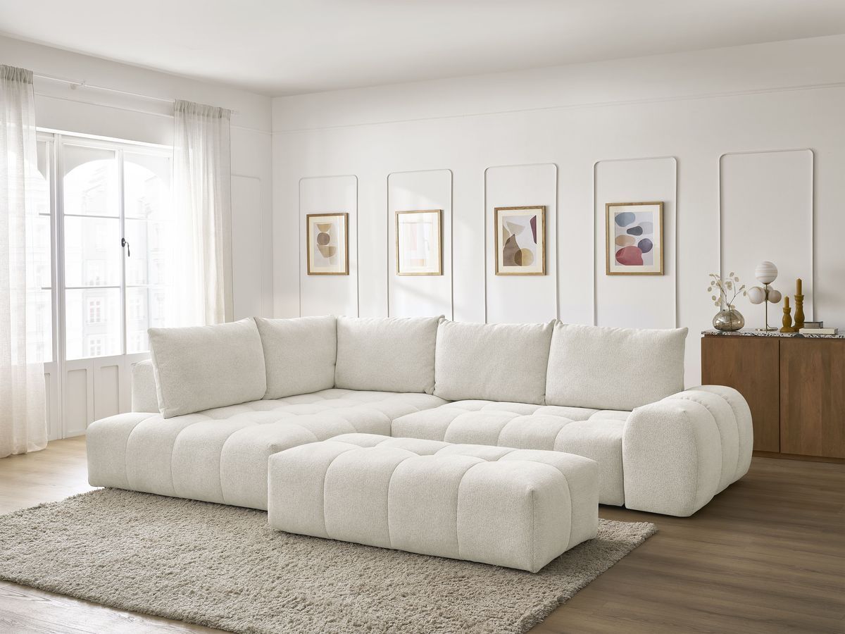 Bobochic Everest Ecksofa mit Schlaffunktion und Bettkasten und Pouf 320 × 212 cm, 5 Kissen Melange-Stoff Weiß Ecke links