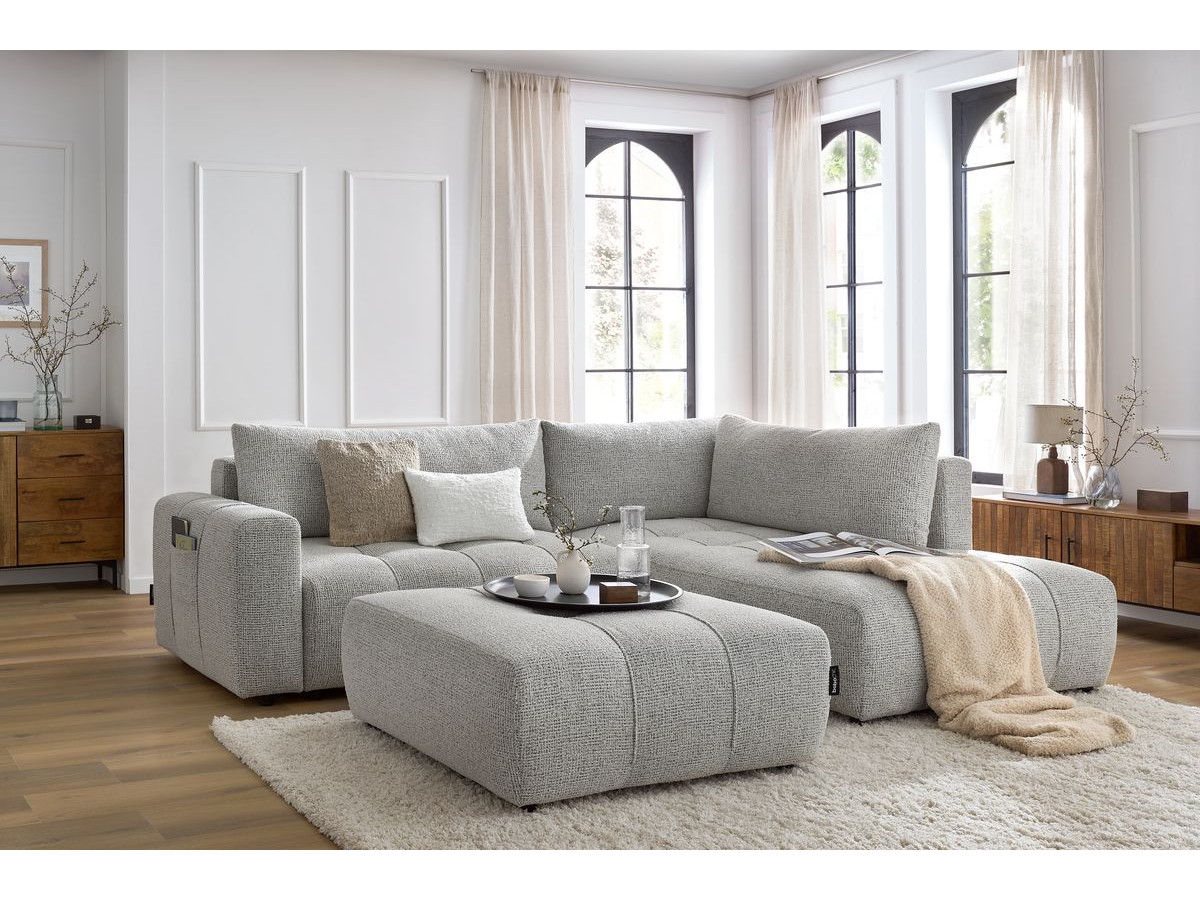 Bobochic Arsene Ecksofa mit Schlaffunktion und Bettkasten und Pouf 277 × 200 cm Melange-Stoff Hellgrau Ecke rechts