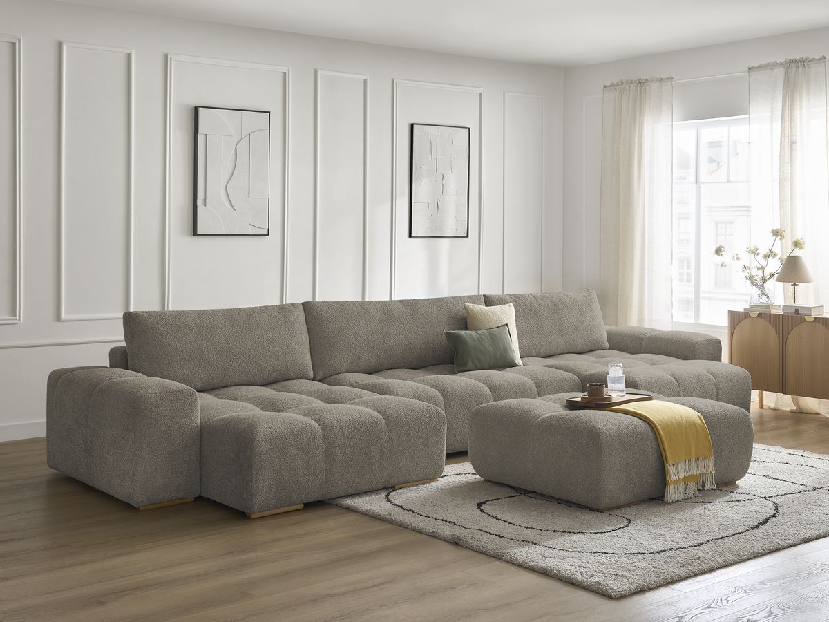Bobochic Anakin Wohnlandschaft mit Pouf, Liegefläche 137 × 382 cm, 3 Kissen Bouclé-Stoff Taupe