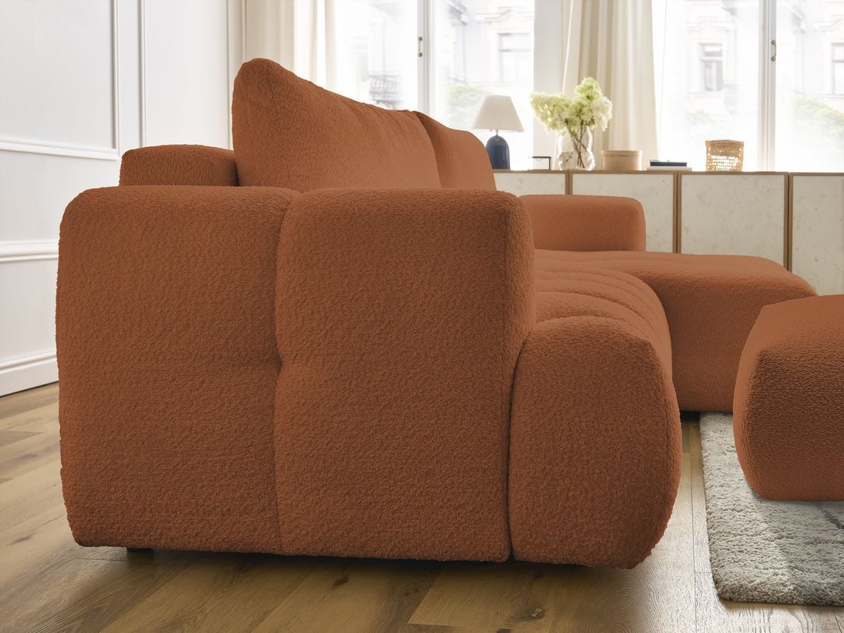 Bobochic Fuji Ecksofa mit Schlaffunktion und Bettkasten und Pouf 292 × 160 cm Bouclé-Stoff Orange Ecke rechts