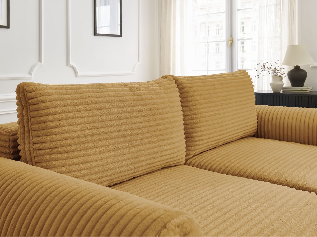 Bobochic Lucien Schlafsofa 4-Sitzer mit Bettkasten und Pouf Breitcord weich Gelb