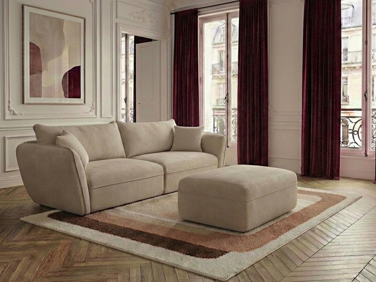 Bobochic Luigi Sofa 3-Sitzer mit Pouf Strukturstoff Beige