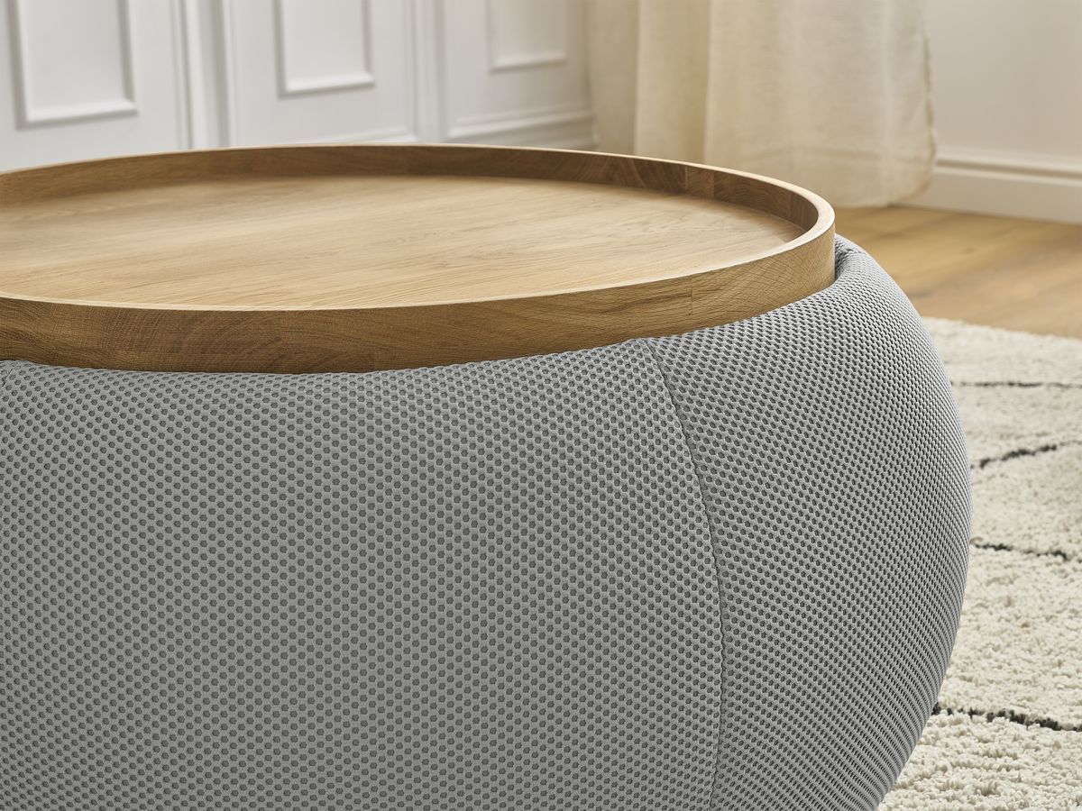 Bobochic Hayden Pouf mit Tablett, rund Mesh-Stoff Hellgrau, 77 cm