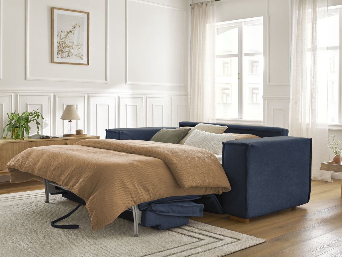 Bobochic Chelsea Schlafsofa 3-Sitzer Strukturstoff Dunkelblau, Liegefläche 160 × 200 cm