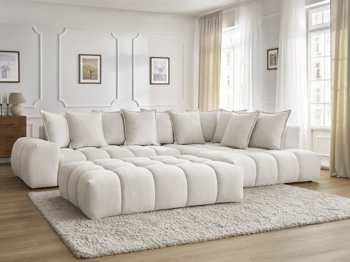 Bobochic Everest Ecksofa mit Schlaffunktion und Pouf, 10 Kissen Strukturstoff Weiß Ecke rechts