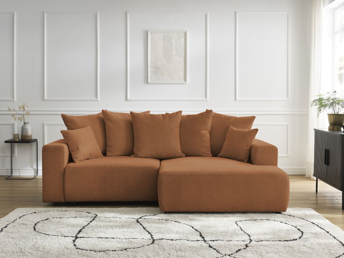 Bobochic Atilla Ecksofa mit Schlaffunktion und Bettkasten Melange-Stoff Orange Ecke rechts