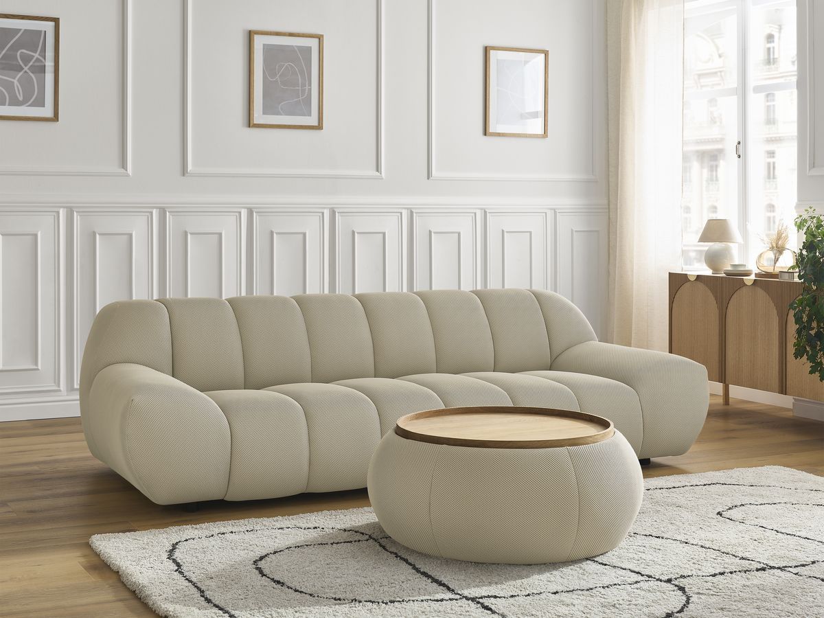 Bobochic Hayden Sofa 3-Sitzer mit Pouf 256 × 107 cm Mesh-Stoff Beige