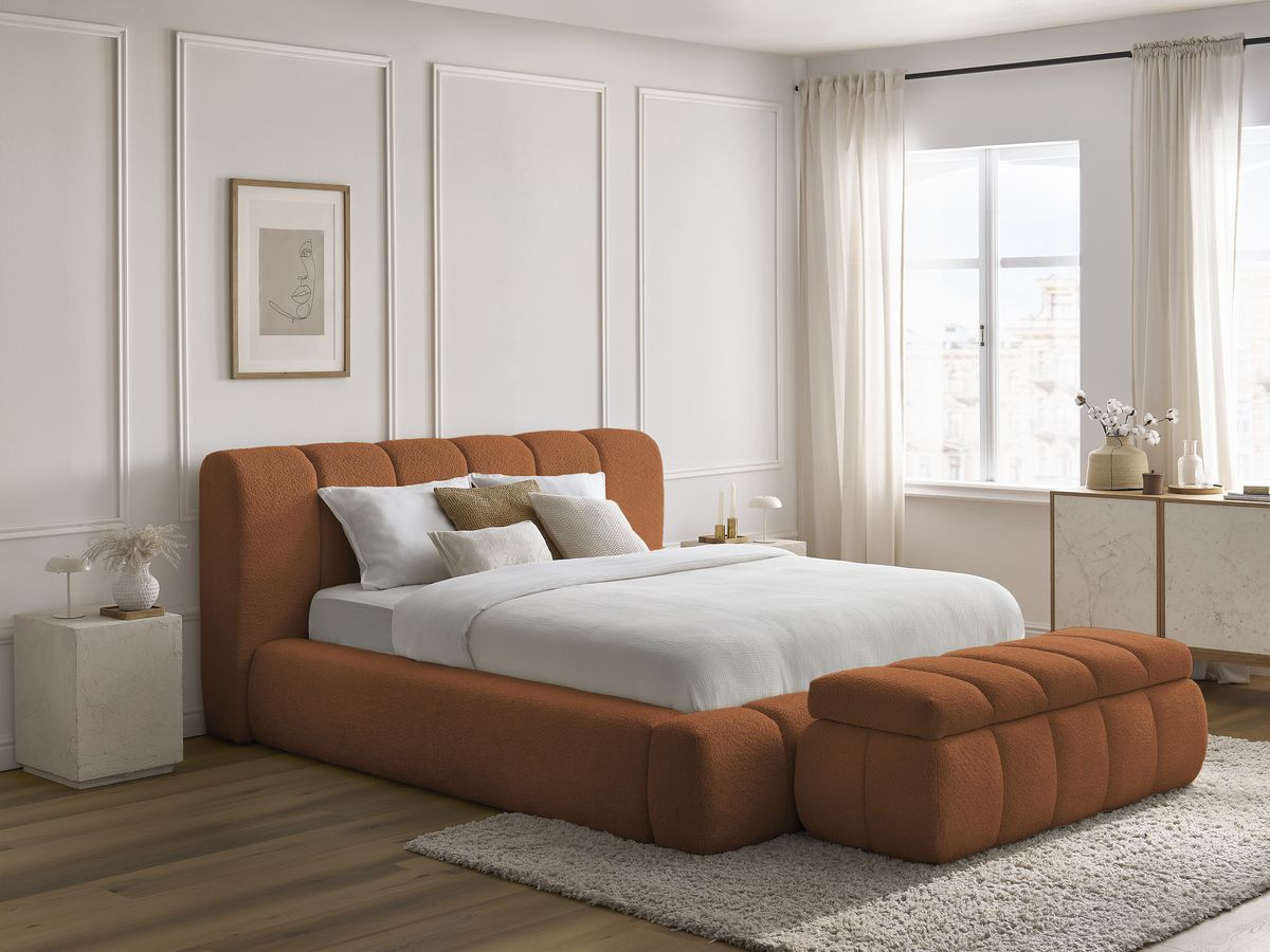Bobochic Denali Polsterbett mit Bettkasten mit Bettbank Bouclé-Stoff Orange, Liegefläche 140 × 190 cm