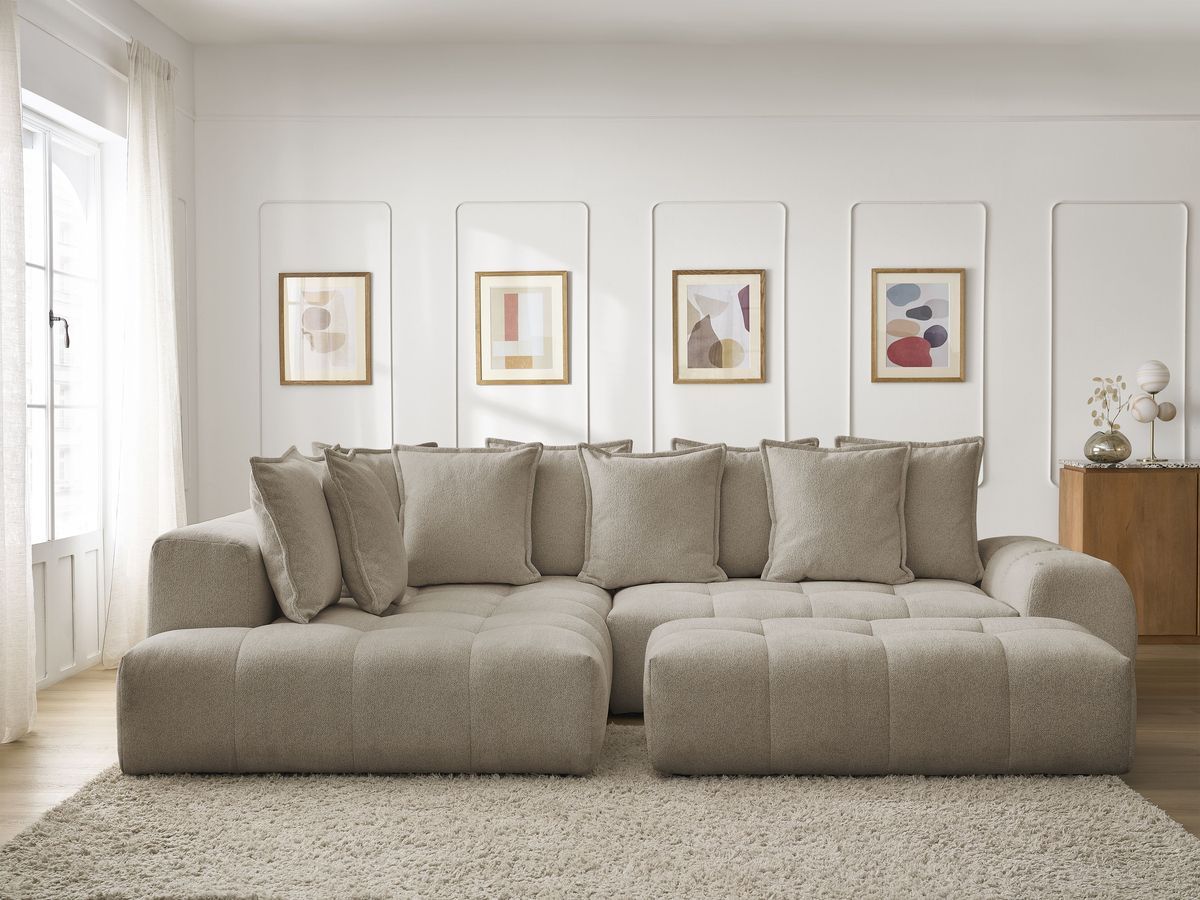 Bobochic Everest Ecksofa mit Schlaffunktion und Bettkasten und Pouf 320 × 212 cm, 10 Kissen Melange-Stoff Taupe Ecke links