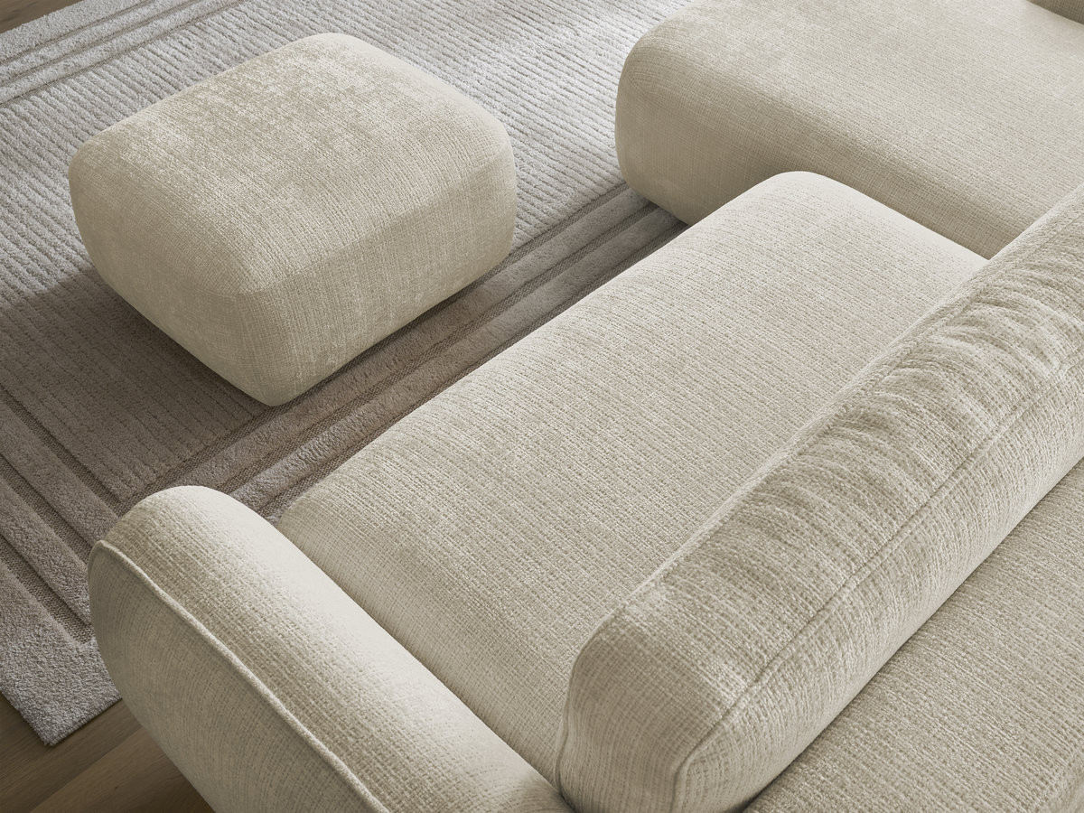 Bobochic Denise Ecksofa mit Schlaffunktion und Bettkasten und Pouf 258 × 160 cm Strukturstoff Beige Ecke links