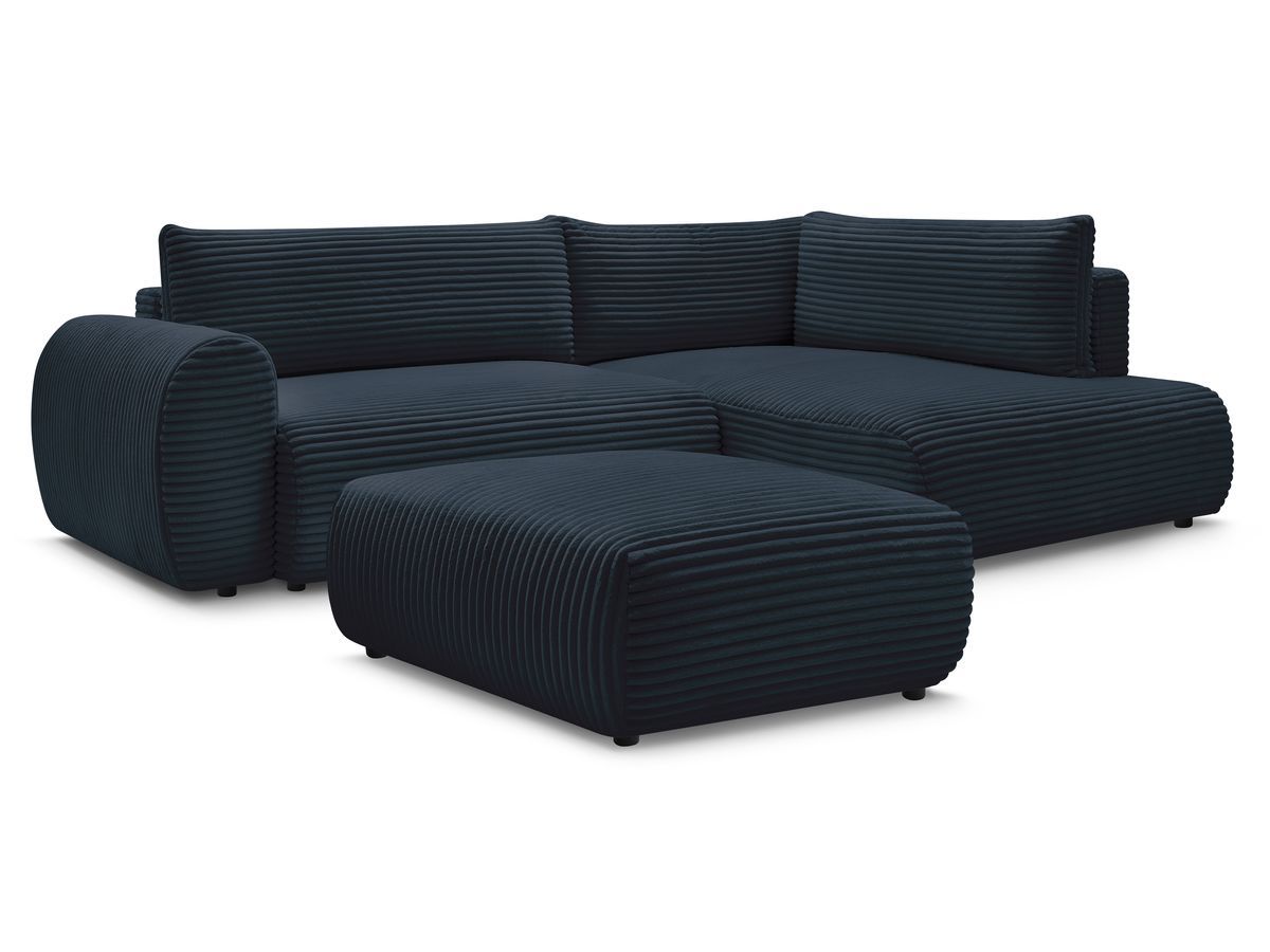 Bobochic Lucien Ecksofa mit Schlaffunktion und Bettkasten und Pouf 296 × 198 cm Breitcord weich Dunkelblau Ecke rechts