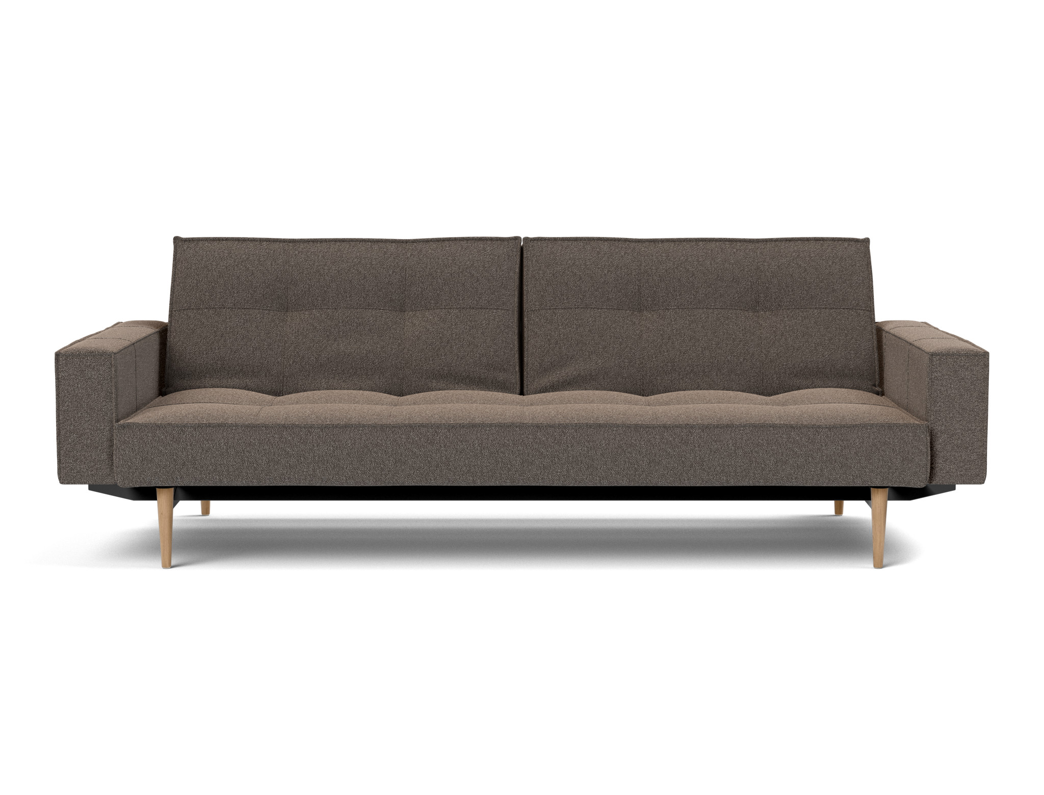 Schlafsofa Splitback mit Armlehnen Boucle Skandi 530-Taupe Beine Styletto Eiche hell