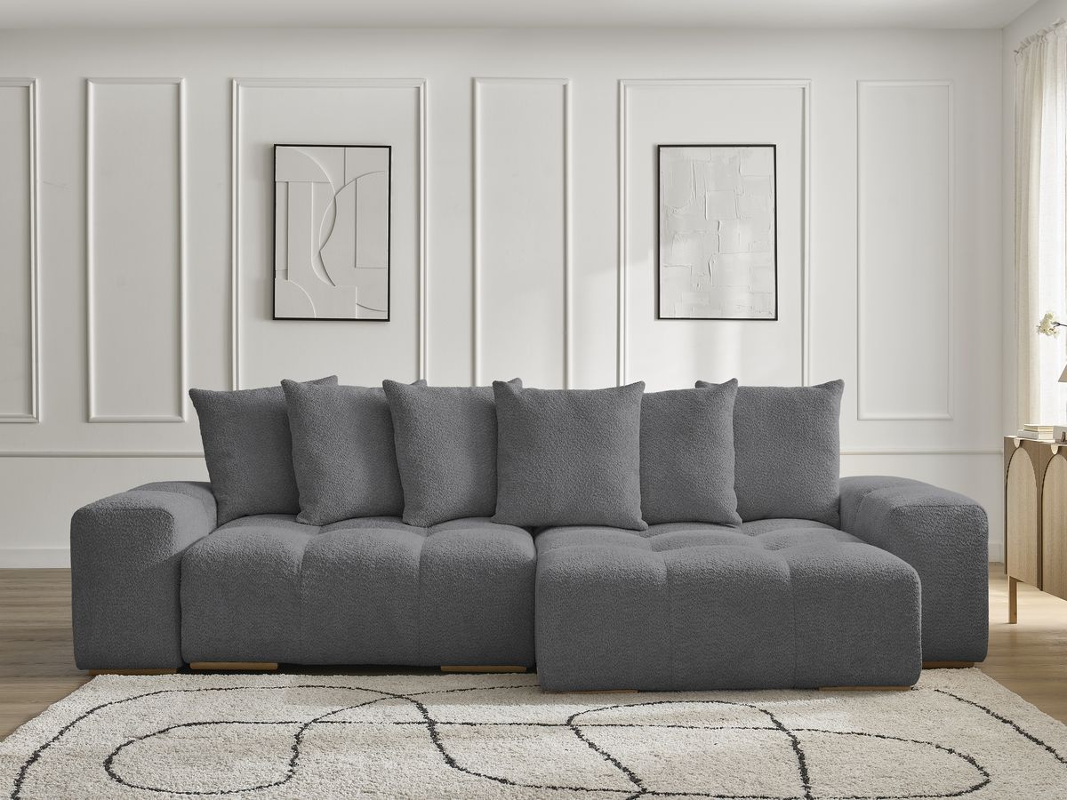 Bobochic Anakin Ecksofa mit Schlaffunktion und Bettkasten, 6 Kissen Bouclé-Stoff Dunkelgrau