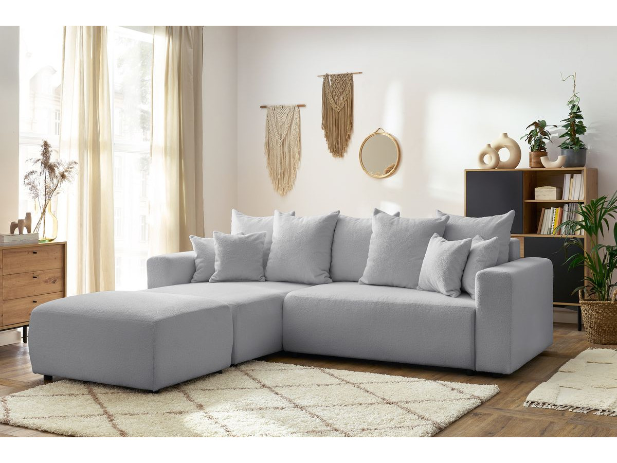 Bobochic Envy Ecksofa mit Schlaffunktion und Bettkasten und rechteckigem Pouf Bouclé-Stoff Hellgrau