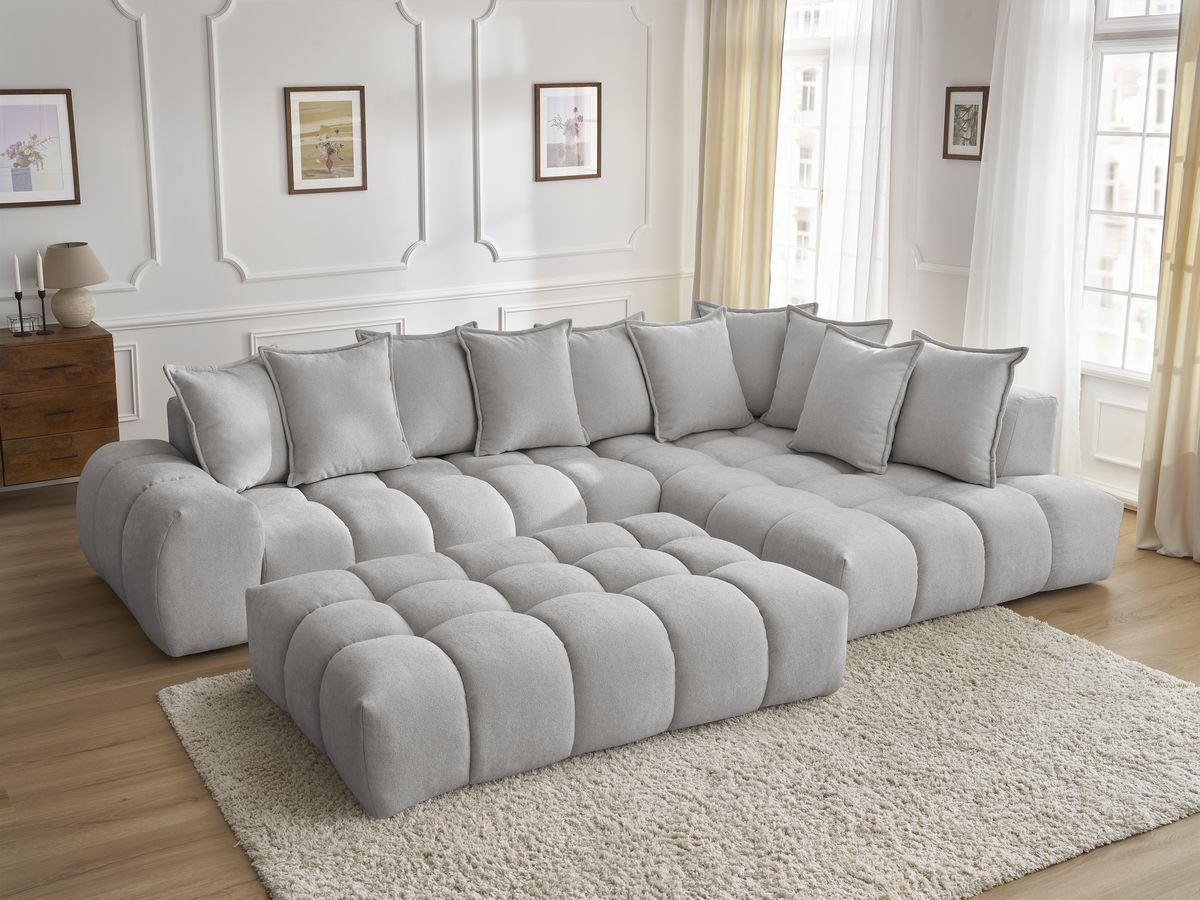 Bobochic Everest Ecksofa mit Schlaffunktion und Pouf, 10 Kissen Strukturstoff Hellgrau Ecke rechts