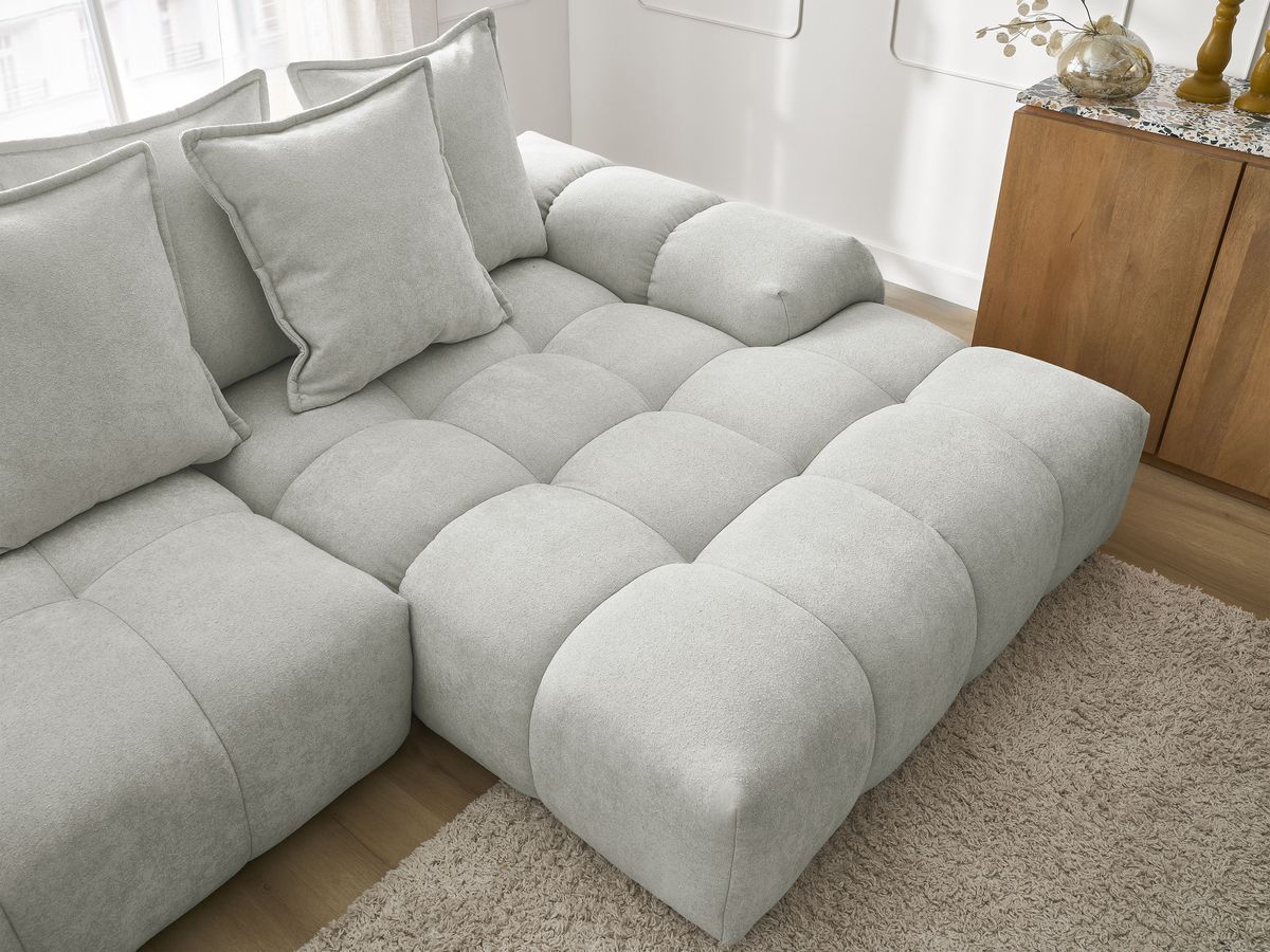 Bobochic Everest Ecksofa mit Schlaffunktion und Bettkasten 318 × 180 cm, 7 Kissen Strukturstoff Hellgrau Ecke rechts