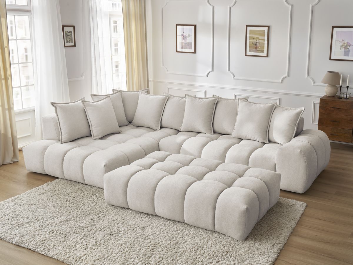 Bobochic Everest Ecksofa mit Schlaffunktion und Pouf, 10 Kissen Strukturstoff Beige Ecke links