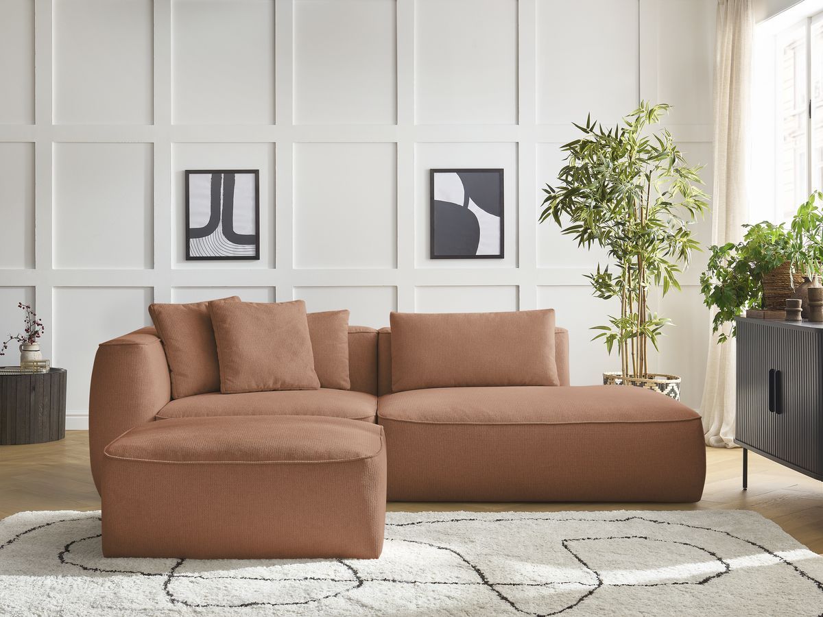 Bobochic Leopold Sofa 4-Sitzer mit Pouf Melange-Stoff Orange Armlehne links