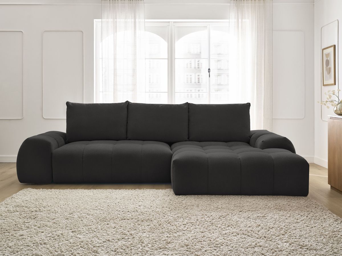 Bobochic Everest Ecksofa mit Schlaffunktion und Bettkasten 318 × 180 cm, 3 Kissen Strukturstoff Schwarz Ecke rechts