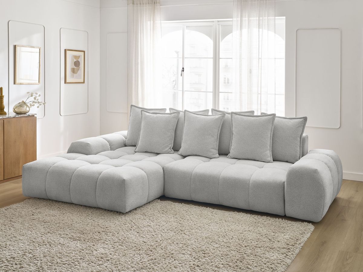 Bobochic Everest Ecksofa mit Schlaffunktion und Bettkasten 318 × 180 cm, 7 Kissen Melange-Stoff Hellgrau Ecke links