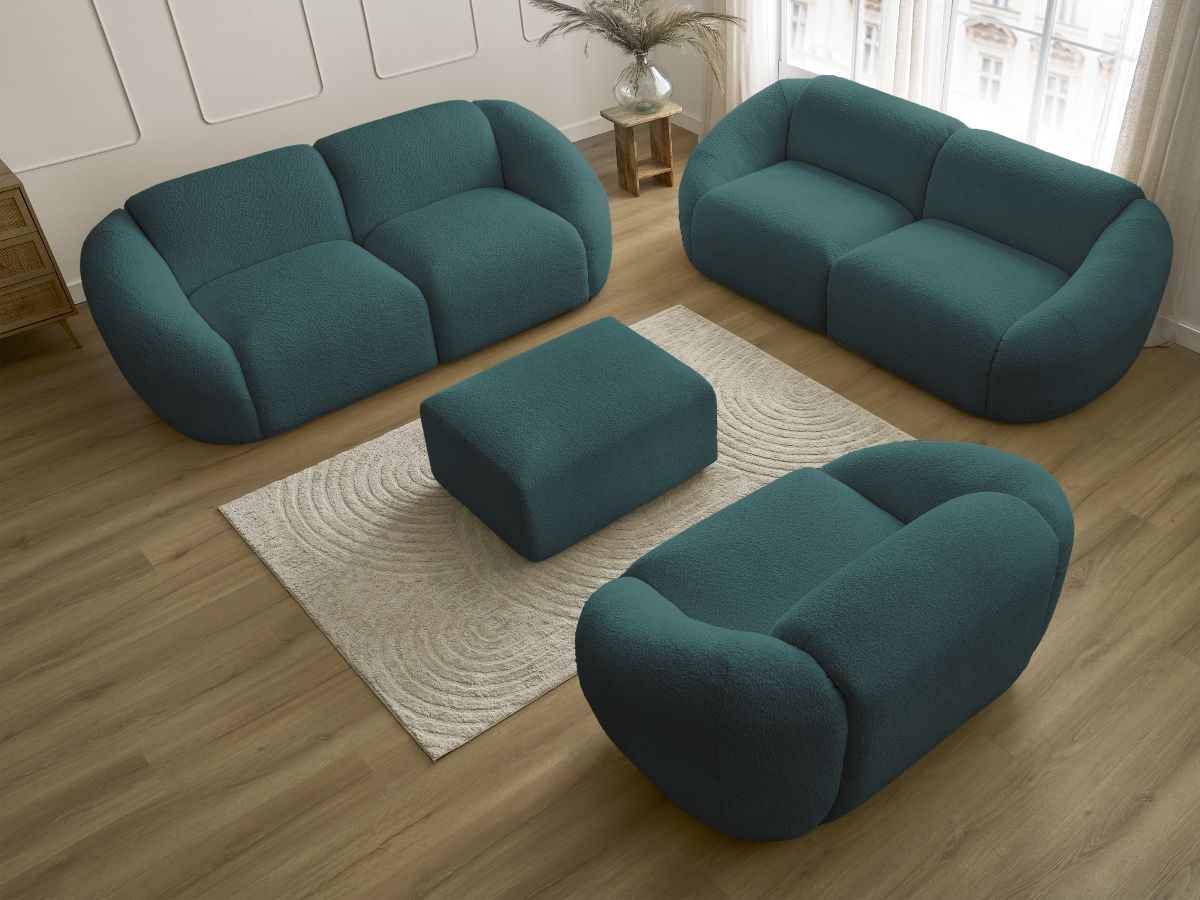 Bobochic Tina Sofa 7-Sitzer mit Pouf Bouclé-Stoff Hellblau