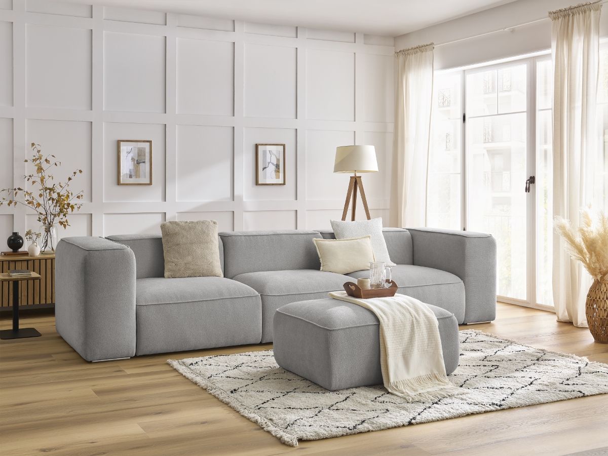 Bobochic Zephyr Sofa 4-Sitzer mit Pouf Strukturstoff Hellgrau