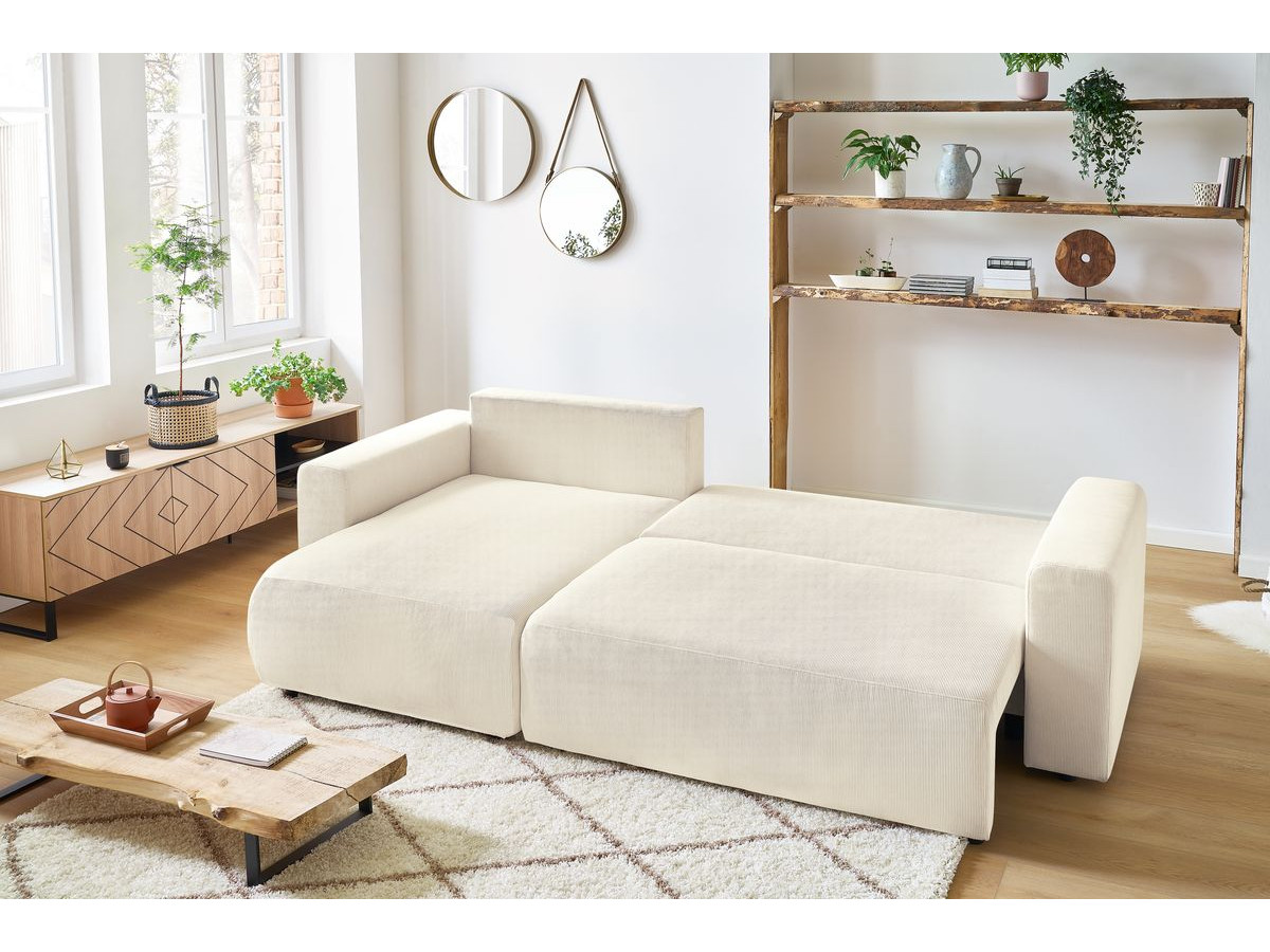 Bobochic Envy Ecksofa mit Schlaffunktion und Bettkasten und Pouf Cordsamt Beige