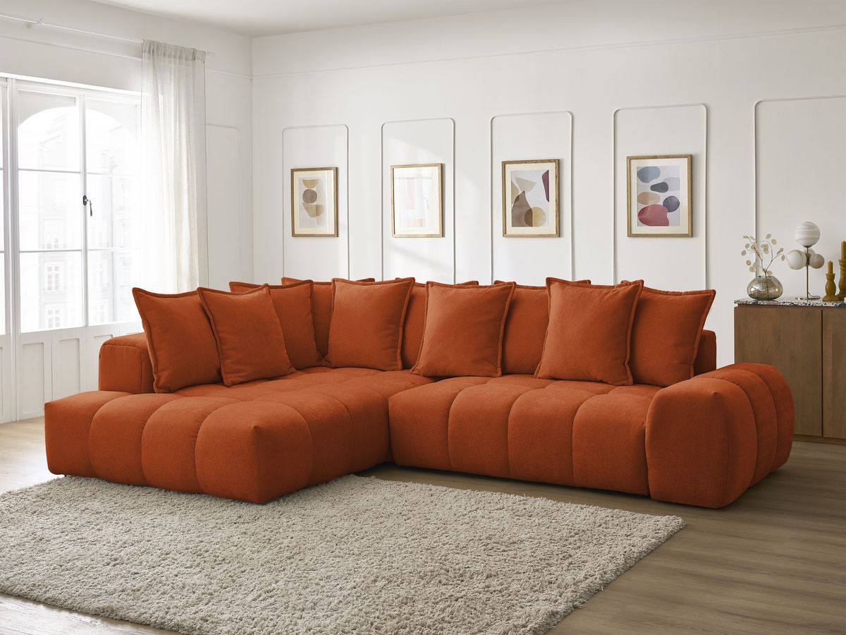 Bobochic Everest Ecksofa mit Schlaffunktion und Bettkasten 320 × 212 cm, 10 Kissen Strukturstoff Orange Ecke links