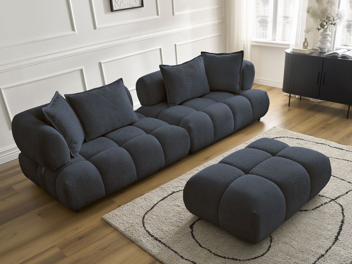 Bobochic Alya Sofa 4-Sitzer mit Pouf Bouclé-Stoff Dunkelblau