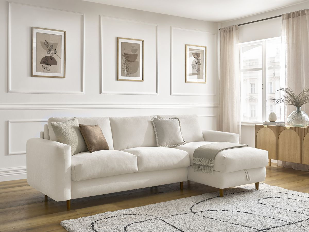Bobochic Cocoone Ecksofa mit Schlaffunktion und Bettkasten Stoff Beige, Liegefläche 160 × 200 cm
