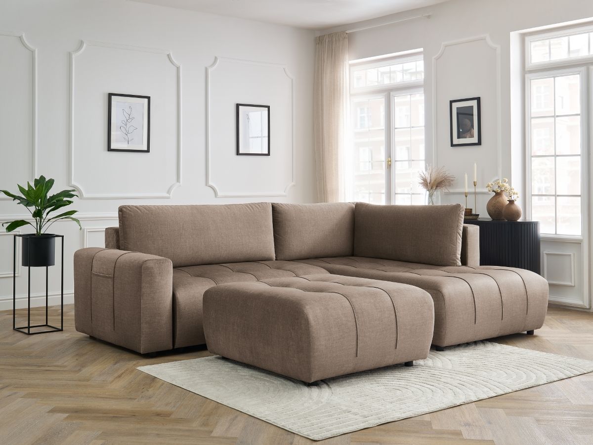 Bobochic Arsene Ecksofa mit Schlaffunktion und Bettkasten und Pouf 277 × 200 cm Samt Taupe Ecke rechts