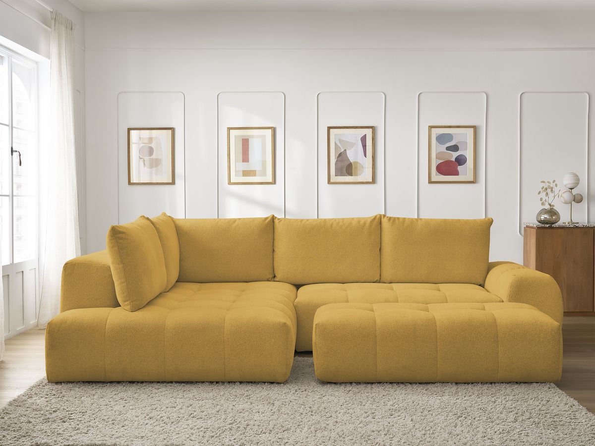 Bobochic Everest Ecksofa mit Schlaffunktion und Bettkasten und Pouf 320 × 212 cm, 5 Kissen Melange-Stoff Gelb Ecke links