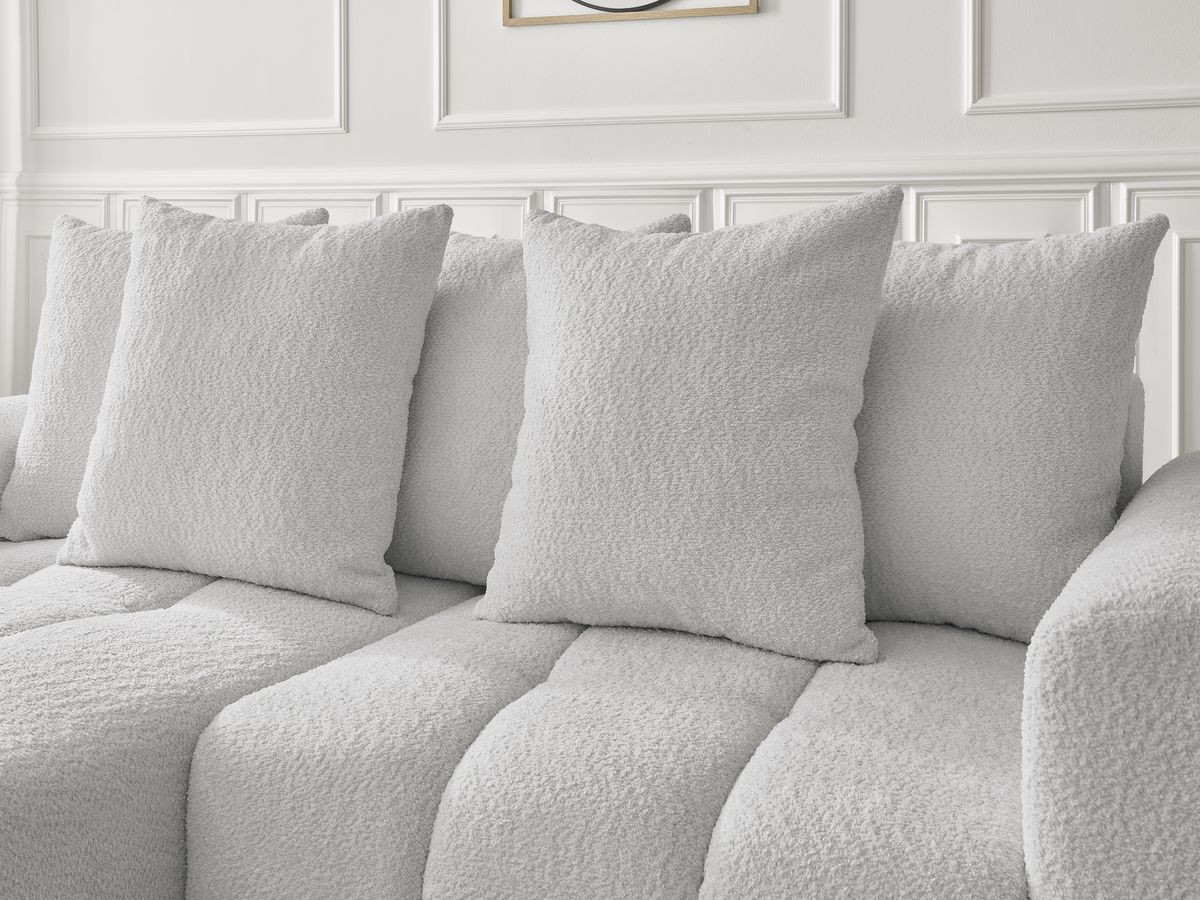 Bobochic Roxelane Ecksofa mit Schlaffunktion und Bettkasten und Pouf 258 × 150 cm Bouclé-Stoff Hellgrau Ecke links