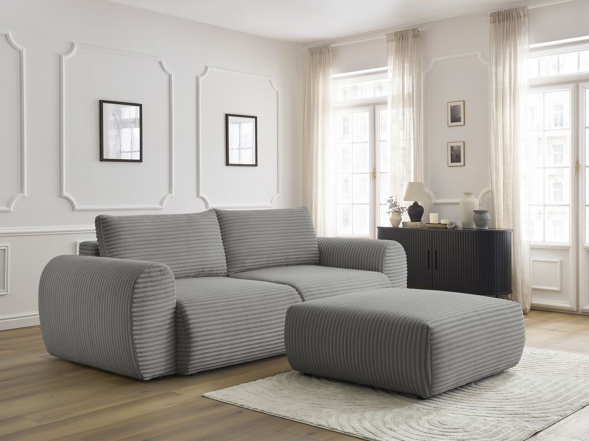 Bobochic Lucien Schlafsofa 4-Sitzer mit Bettkasten und Pouf Breitcord weich Dunkelgrau