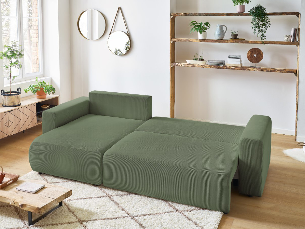 Bobochic Envy Ecksofa mit Schlaffunktion und Bettkasten Cordsamt Grün