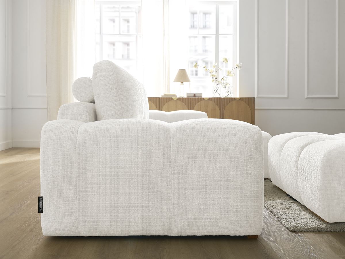Bobochic Anakin Ecksofa mit Schlaffunktion und Bettkasten und Pouf, 2 Kissen Strukturstoff Weiß
