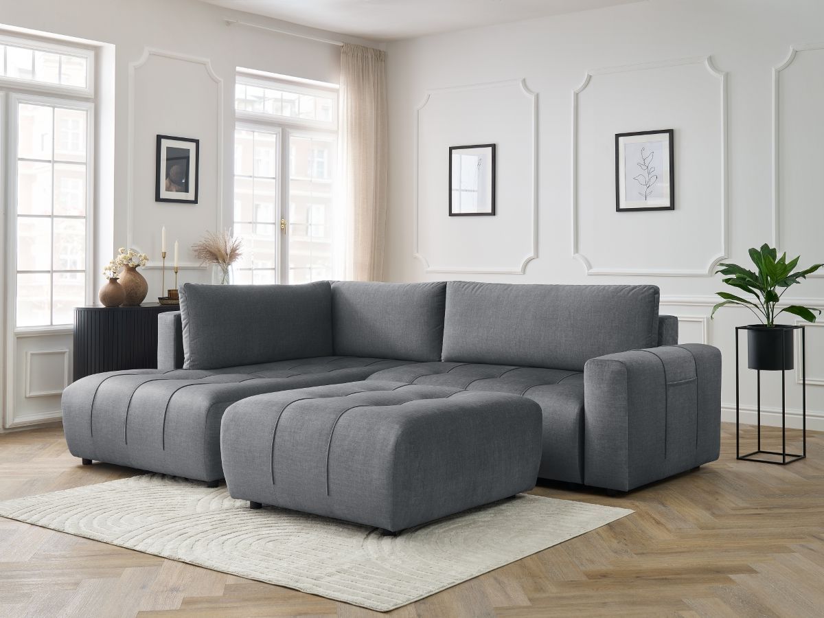 Bobochic Arsene Ecksofa mit Schlaffunktion und Bettkasten und Pouf 277 × 200 cm Samt Dunkelgrau Ecke links