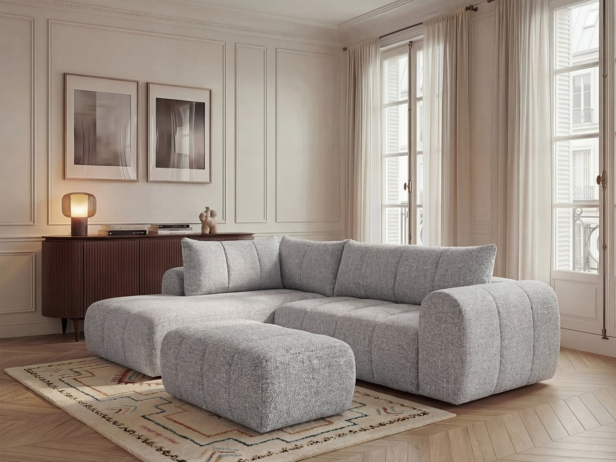 Bobochic Nesty Ecksofa in L-Form, 256 cm, mit Pouf Melange-Stoff Hellgrau Ecke links