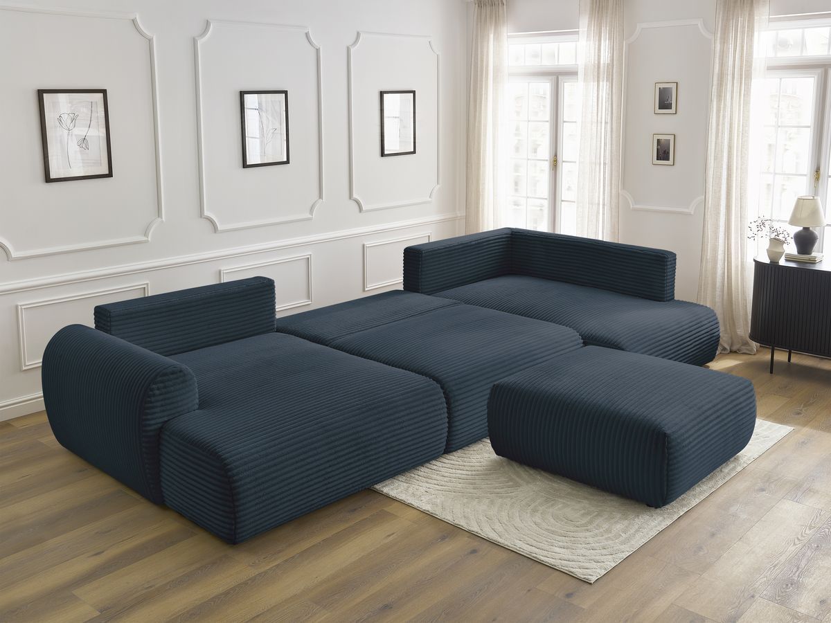 Bobochic Lucien Wohnlandschaft mit Pouf Breitcord weich Dunkelblau Ecke links