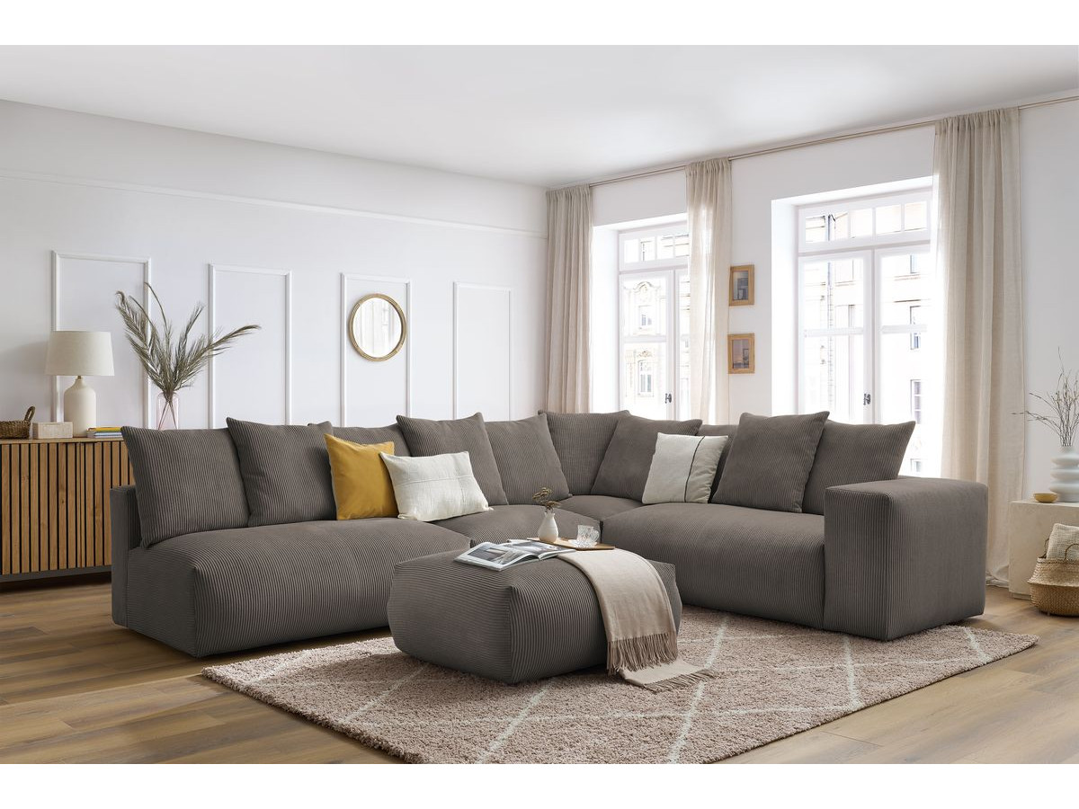 Bobochic Voltaire Ecksofa mit Pouf 322 × 268 cm Cordsamt Taupe Ecke rechts