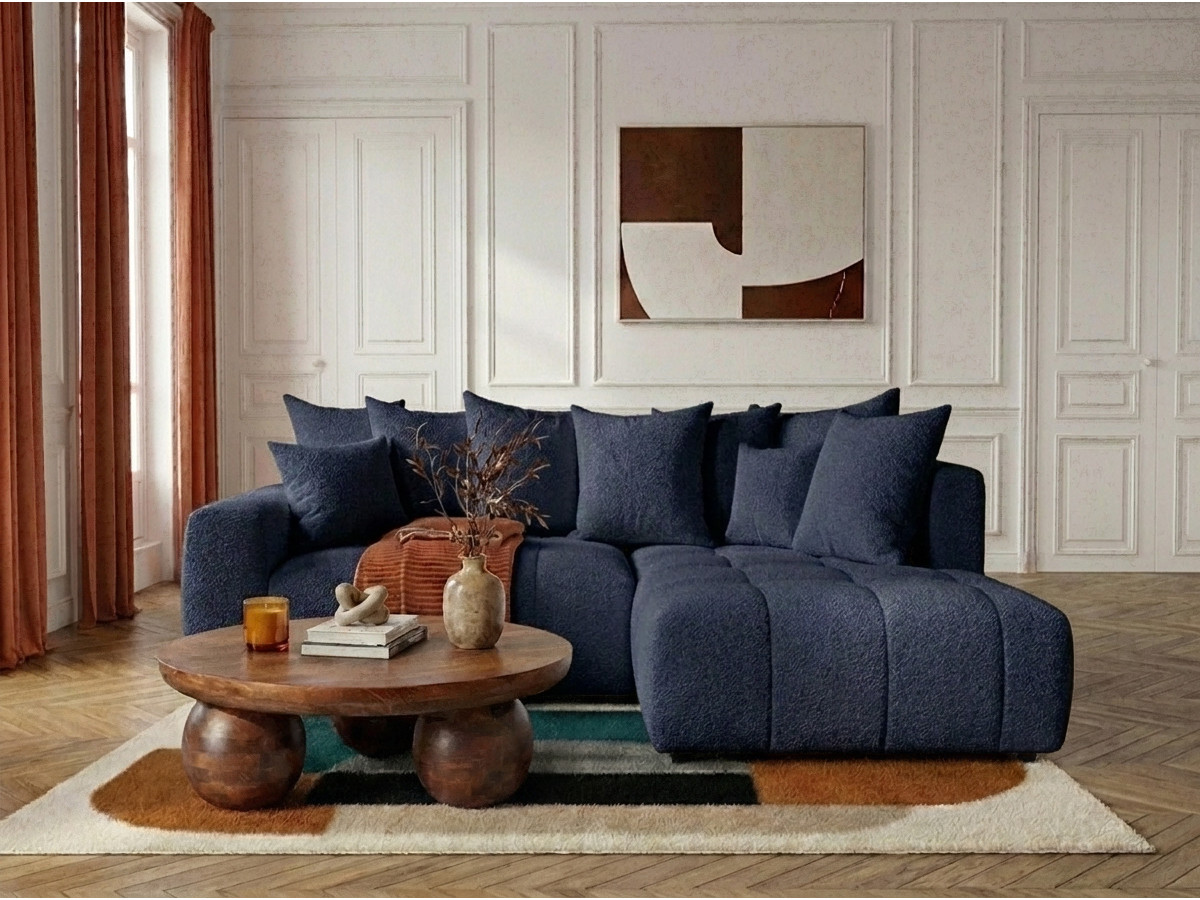 Bobochic Roxelane Ecksofa mit Schlaffunktion und Bettkasten Bouclé-Stoff Dunkelblau Ecke rechts