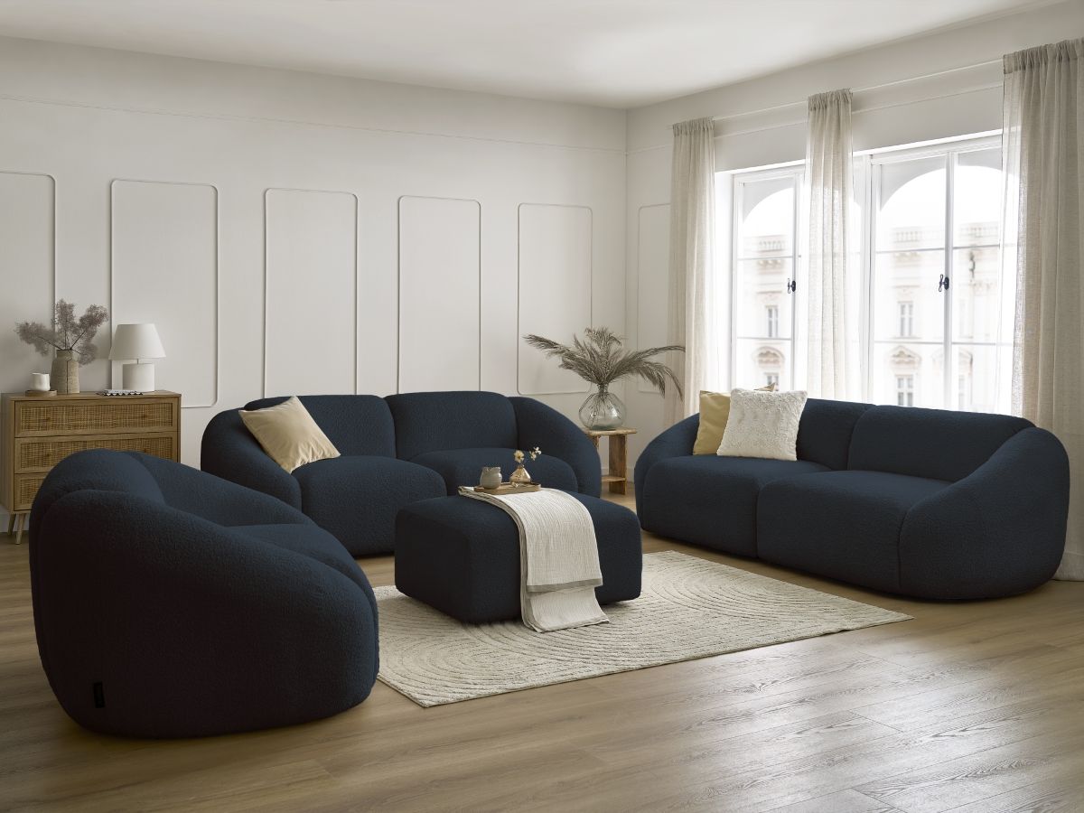 Bobochic Tina Sofa 7-Sitzer mit Pouf Bouclé-Stoff Dunkelblau