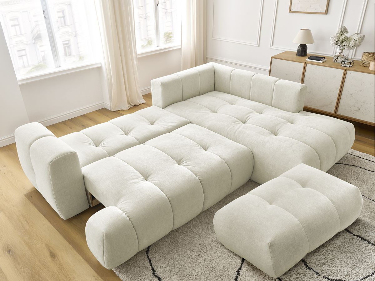 Bobochic Fuji Ecksofa mit Schlaffunktion und Bettkasten und Pouf 282 × 204 cm Stoff Beige Ecke rechts