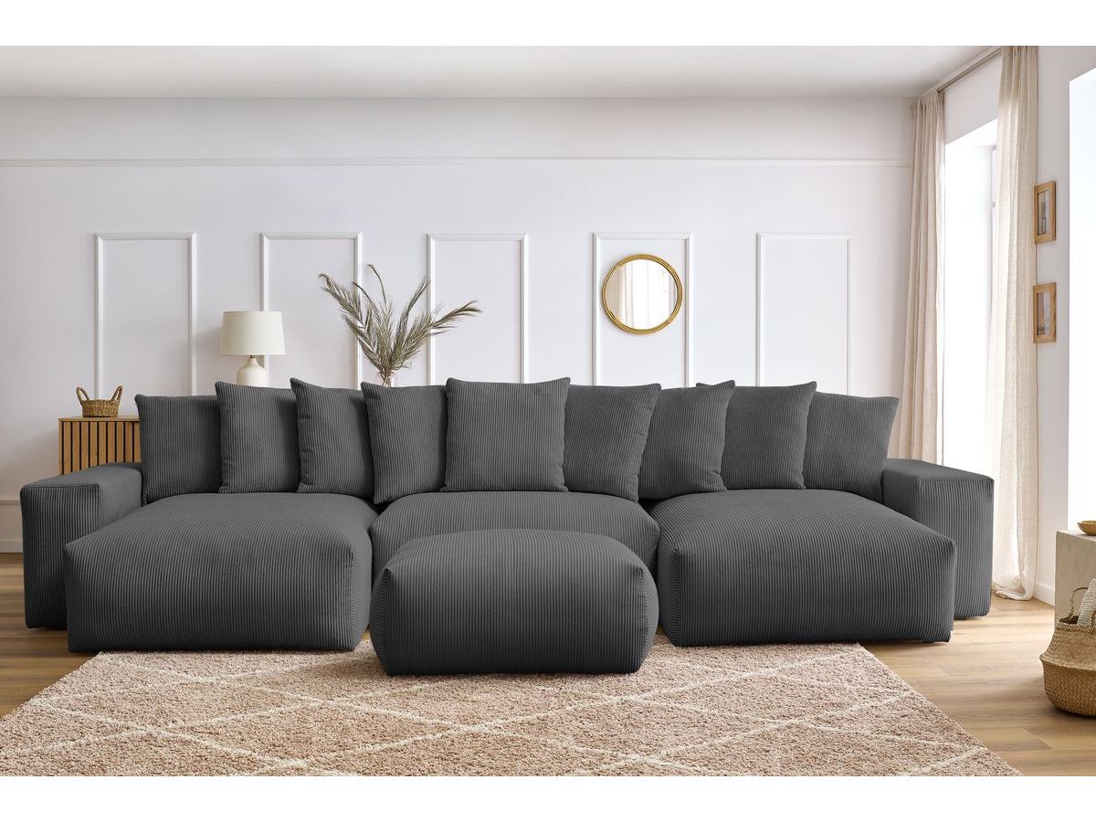 Bobochic Voltaire Wohnlandschaft mit Pouf 420 × 174 cm, Liegefläche 135 × 345 cm Cordsamt Dunkelgrau