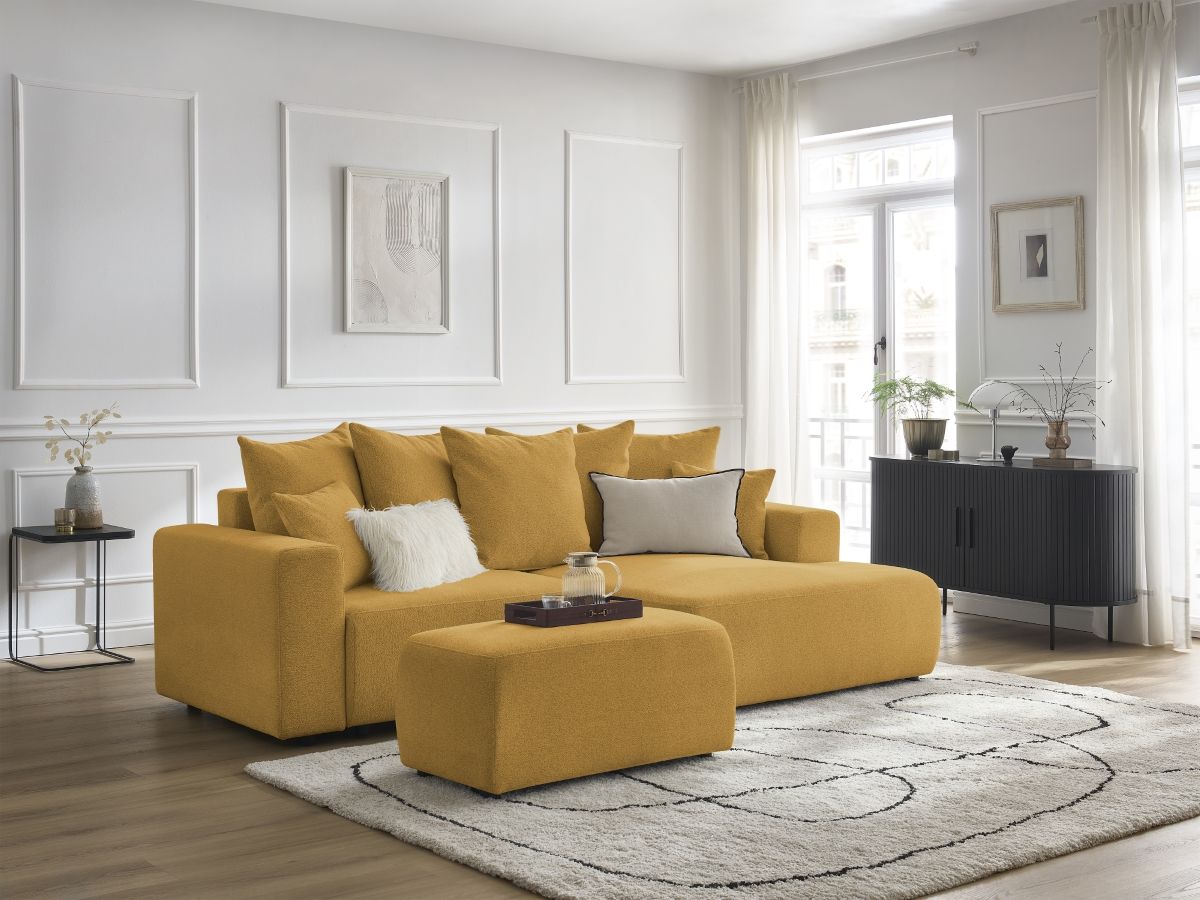 Bobochic Atilla Ecksofa mit Schlaffunktion und Bettkasten und Pouf Melange-Stoff Gelb Ecke rechts