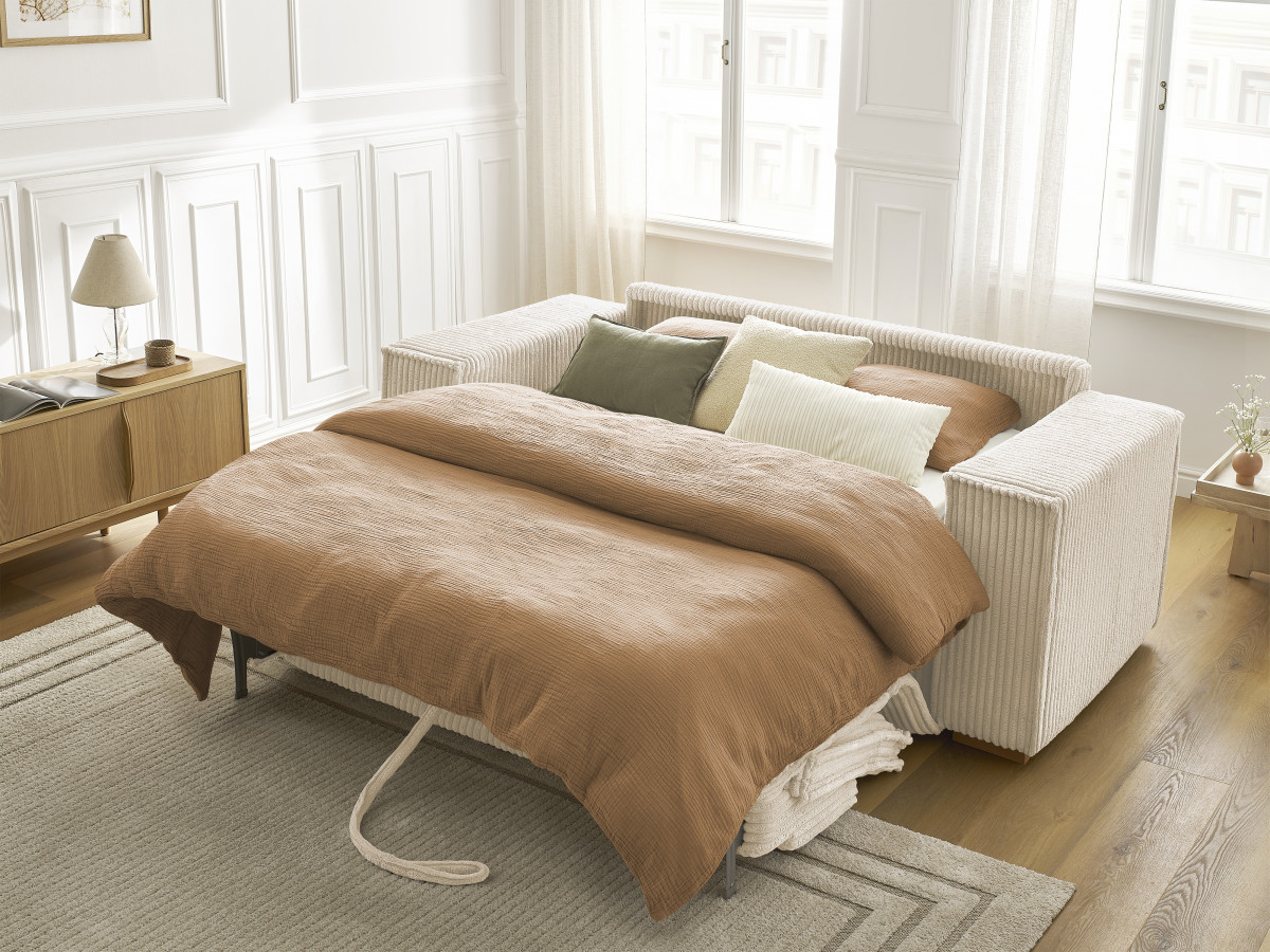 Bobochic Chelsea Schlafsofa 3-Sitzer Cordsamt Taupe, Liegefläche 140 × 200 cm