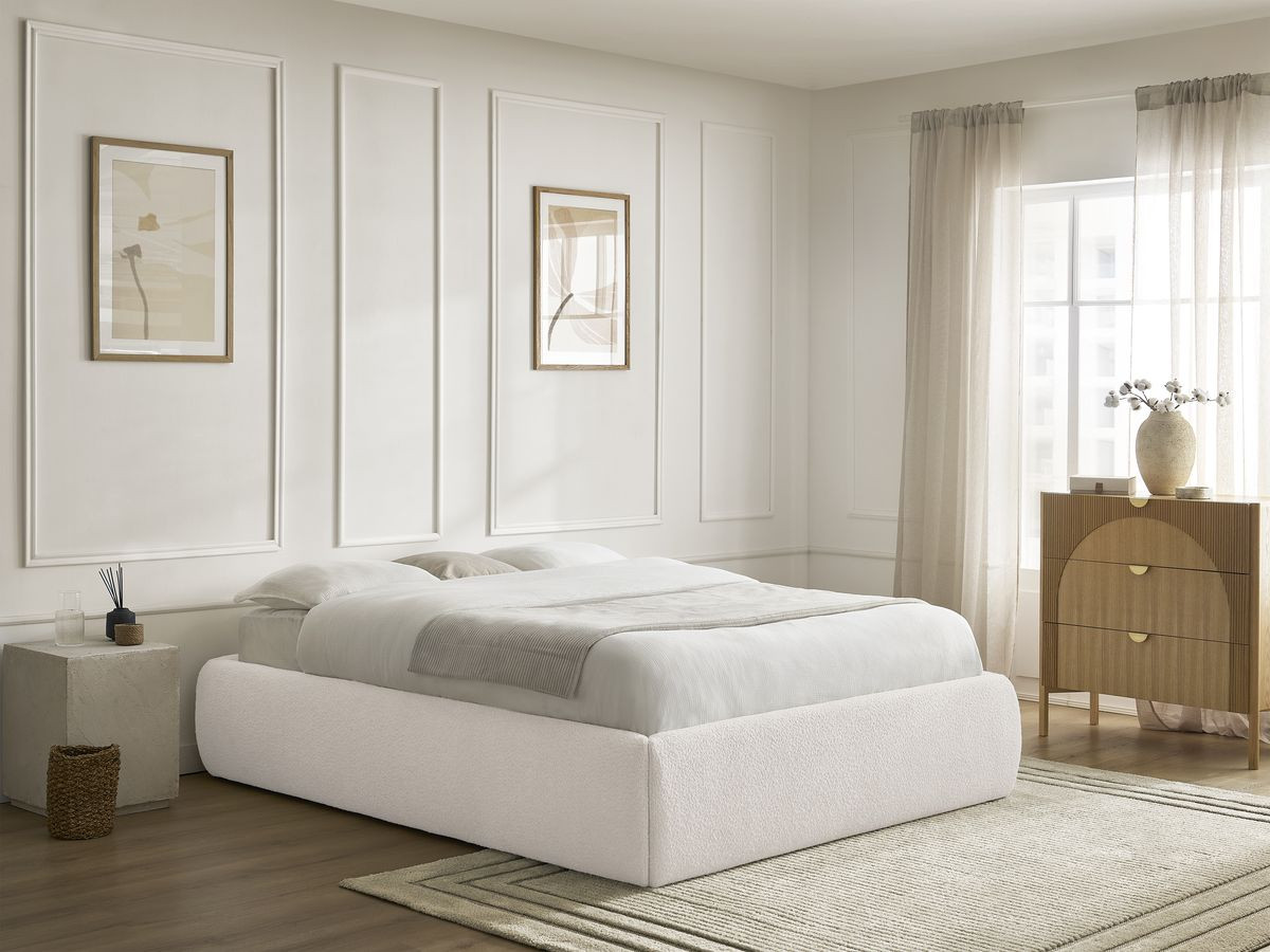 Bobochic Inera Bettgestell mit Bettkasten, ohne Kopfteil Bouclé-Stoff Weiß, Liegefläche 160 × 200 cm