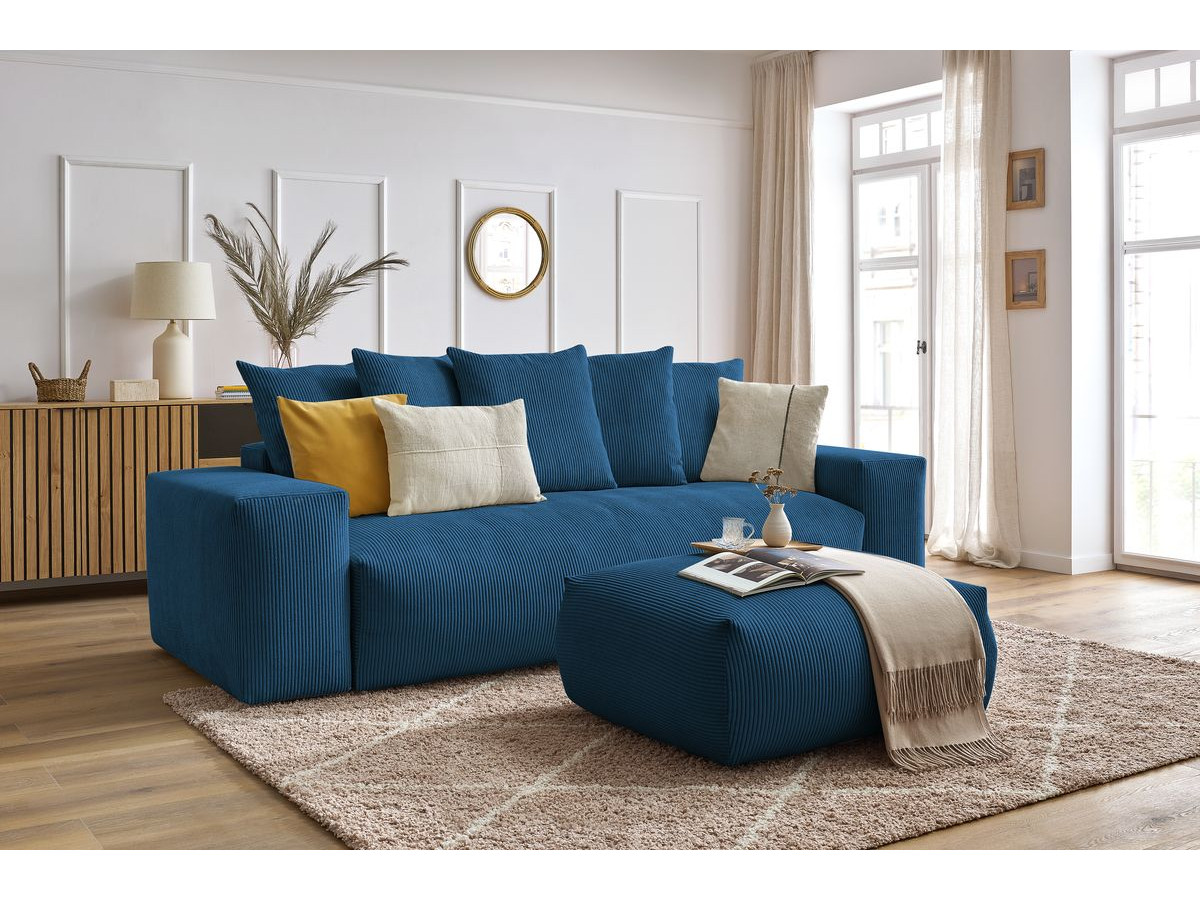 Bobochic Voltaire Schlafsofa 4-Sitzer mit Bettkasten und Pouf Cordsamt Dunkelblau